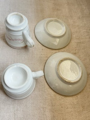 19C Brulot Coffee Cups & Saucers Pink & Golden Scrolls French Faience RARE/ 2pc