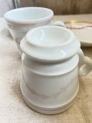19C Brulot Coffee Cups & Saucers Pink & Golden Scrolls French Faience RARE/ 2pc