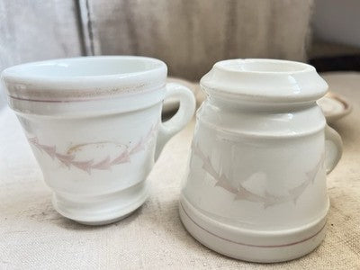 19C Brulot Coffee Cups & Saucers Pink & Golden Scrolls French Faience RARE/ 2pc