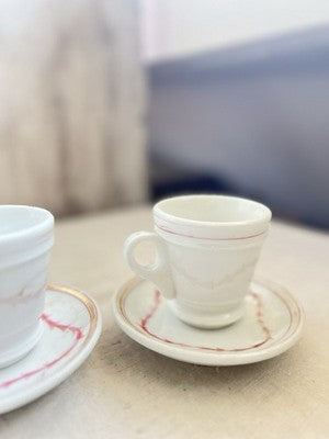 19C Brulot Coffee Cups & Saucers Pink & Golden Scrolls French Faience RARE/ 2pc