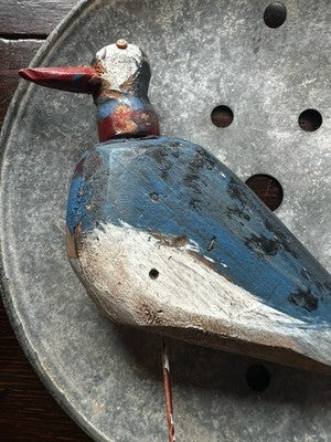 Vintage Duck Decoy, French Country Bird On Stick, Blue Seagull Garden decor