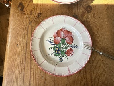 Antique Faience Plate Pink Flower Green Foliage Floral Dish Decorative Majolica