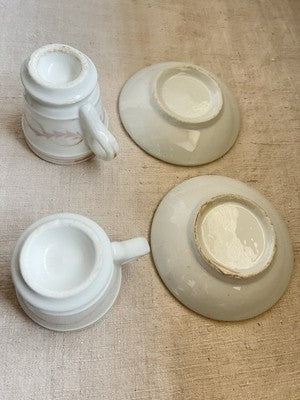19C Brulot Coffee Cups & Saucers Pink & Golden Scrolls French Faience RARE/ 2pc