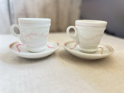19C Brulot Coffee Cups & Saucers Pink & Golden Scrolls French Faience RARE/ 2pc