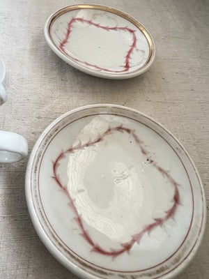 19C Brulot Coffee Cups & Saucers Pink & Golden Scrolls French Faience RARE/ 2pc