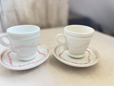 19C Brulot Coffee Cups & Saucers Pink & Golden Scrolls French Faience RARE/ 2pc