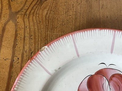 Antique Faience Plate Pink Flower Green Foliage Floral Dish Decorative Majolica