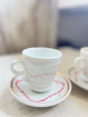 19C Brulot Coffee Cups & Saucers Pink & Golden Scrolls French Faience RARE/ 2pc