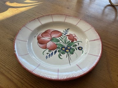 Antique Faience Plate Pink Flower Green Foliage Floral Dish Decorative Majolica