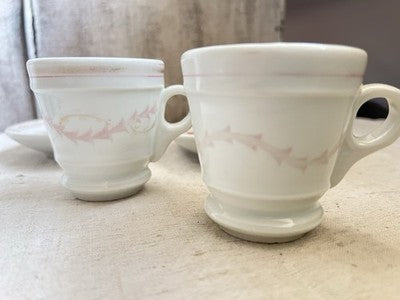 19C Brulot Coffee Cups & Saucers Pink & Golden Scrolls French Faience RARE/ 2pc