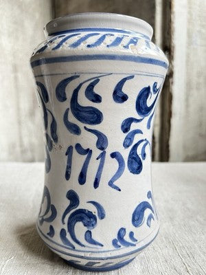 Antique Maiolica Albarello Jar, Blue White Delft / Faience Medicinal Pot /1712