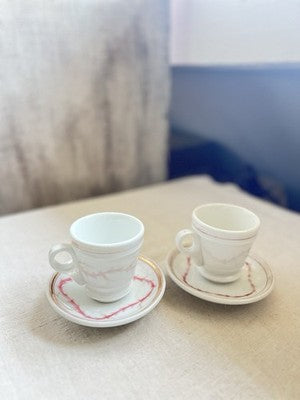 19C Brulot Coffee Cups & Saucers Pink & Golden Scrolls French Faience RARE/ 2pc