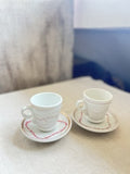 19C Brulot Coffee Cups & Saucers Pink & Golden Scrolls French Faience RARE/ 2pc