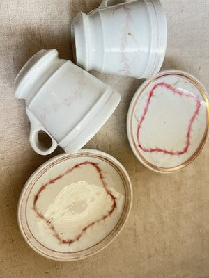 19C Brulot Coffee Cups & Saucers Pink & Golden Scrolls French Faience RARE/ 2pc