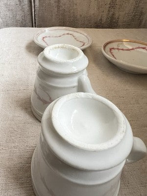 19C Brulot Coffee Cups & Saucers Pink & Golden Scrolls French Faience RARE/ 2pc