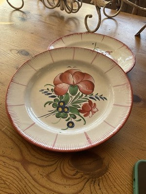 Antique Faience Plate Pink Flower Green Foliage Floral Dish Decorative Majolica