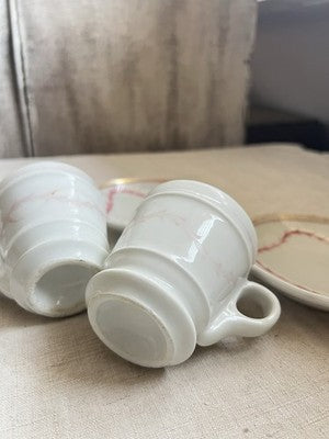 19C Brulot Coffee Cups & Saucers Pink & Golden Scrolls French Faience RARE/ 2pc