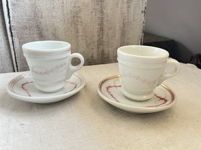 19C Brulot Coffee Cups & Saucers Pink & Golden Scrolls French Faience RARE/ 2pc