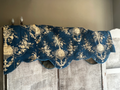 Antique Fabric. French ToilePanel Pelmet. Vintage Blue Textile, Floral Garlands