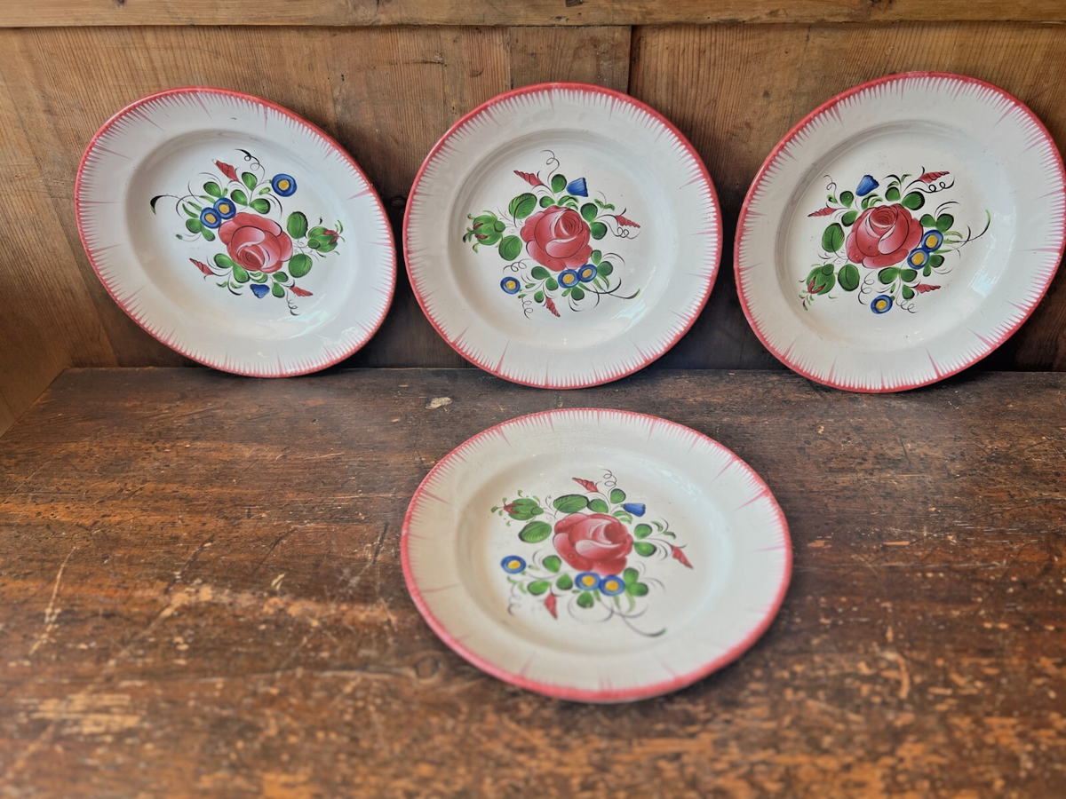 Antique Faience Plates Pink Roses, Decorative Kitchen Decor / French Table / 4pc