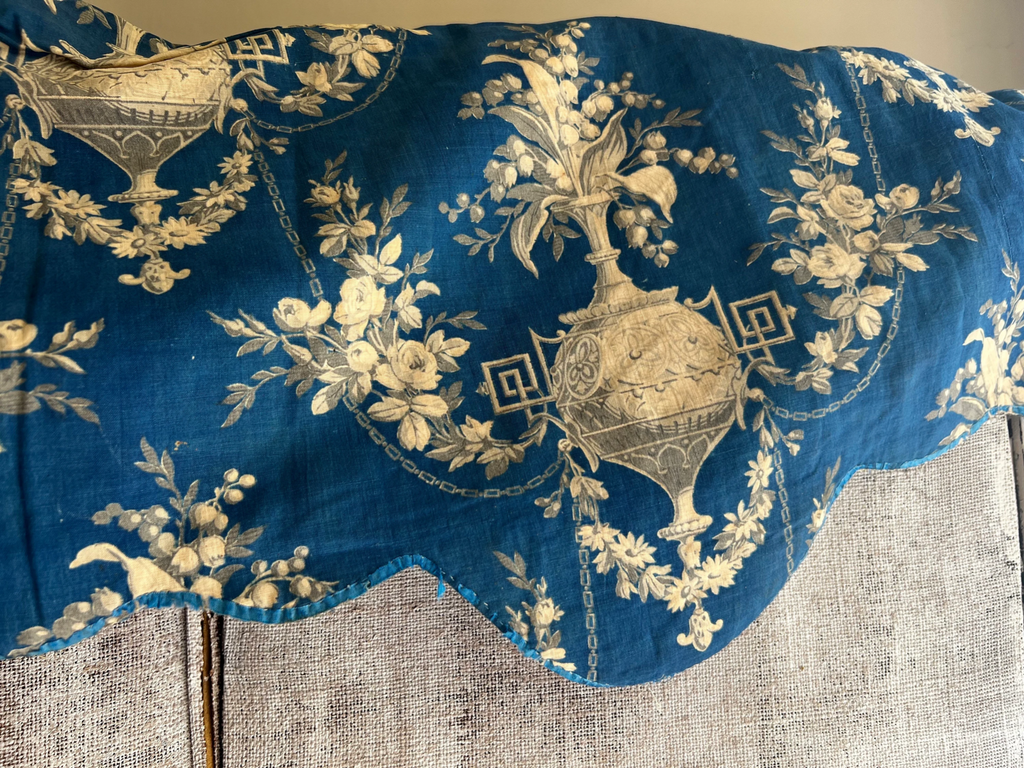 Antique Fabric. French ToilePanel Pelmet. Vintage Blue Textile, Floral Garlands