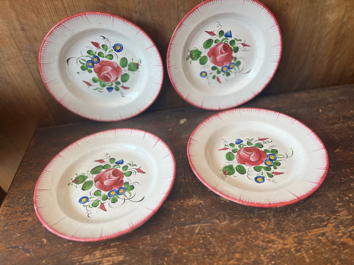 Antique Faience Plates Pink Roses, Decorative Kitchen Decor / French Table / 4pc