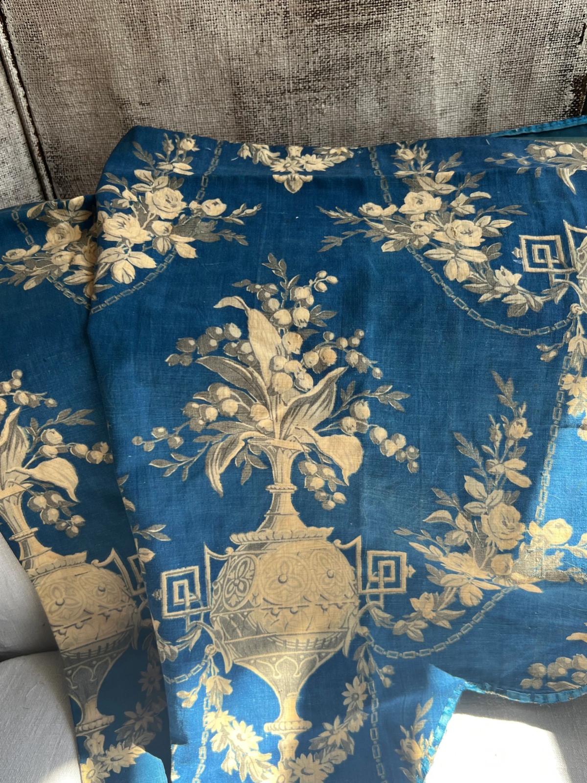 Antique Fabric. French ToilePanel Pelmet. Vintage Blue Textile, Floral Garlands