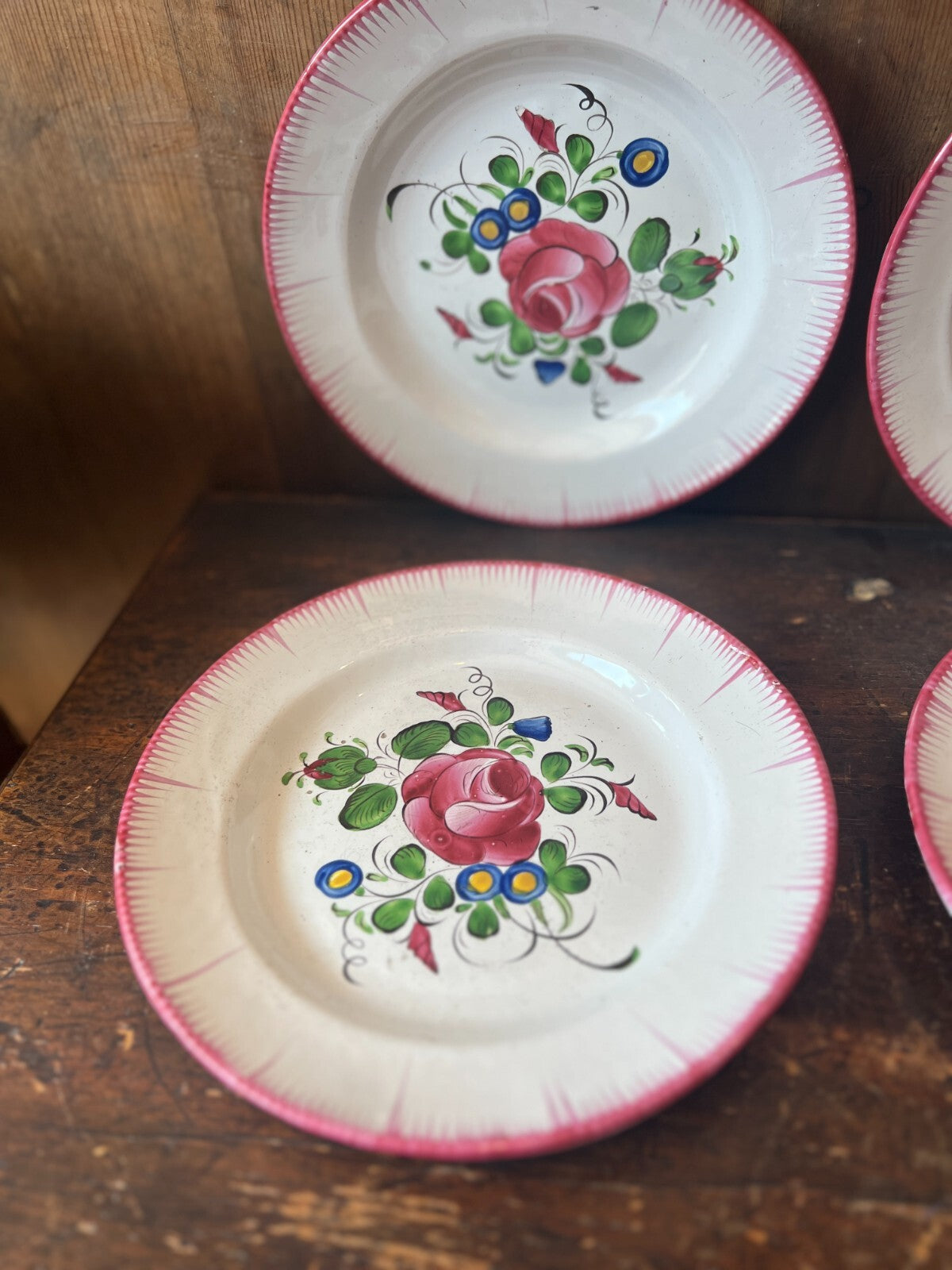 Antique Faience Plates Pink Roses, Decorative Kitchen Decor / French Table / 4pc