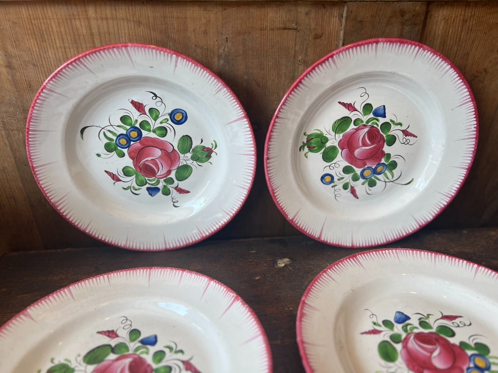 Antique Faience Plates Pink Roses, Decorative Kitchen Decor / French Table / 4pc