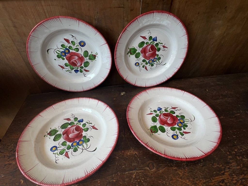 Antique Faience Plates Pink Roses, Decorative Kitchen Decor / French Table / 4pc