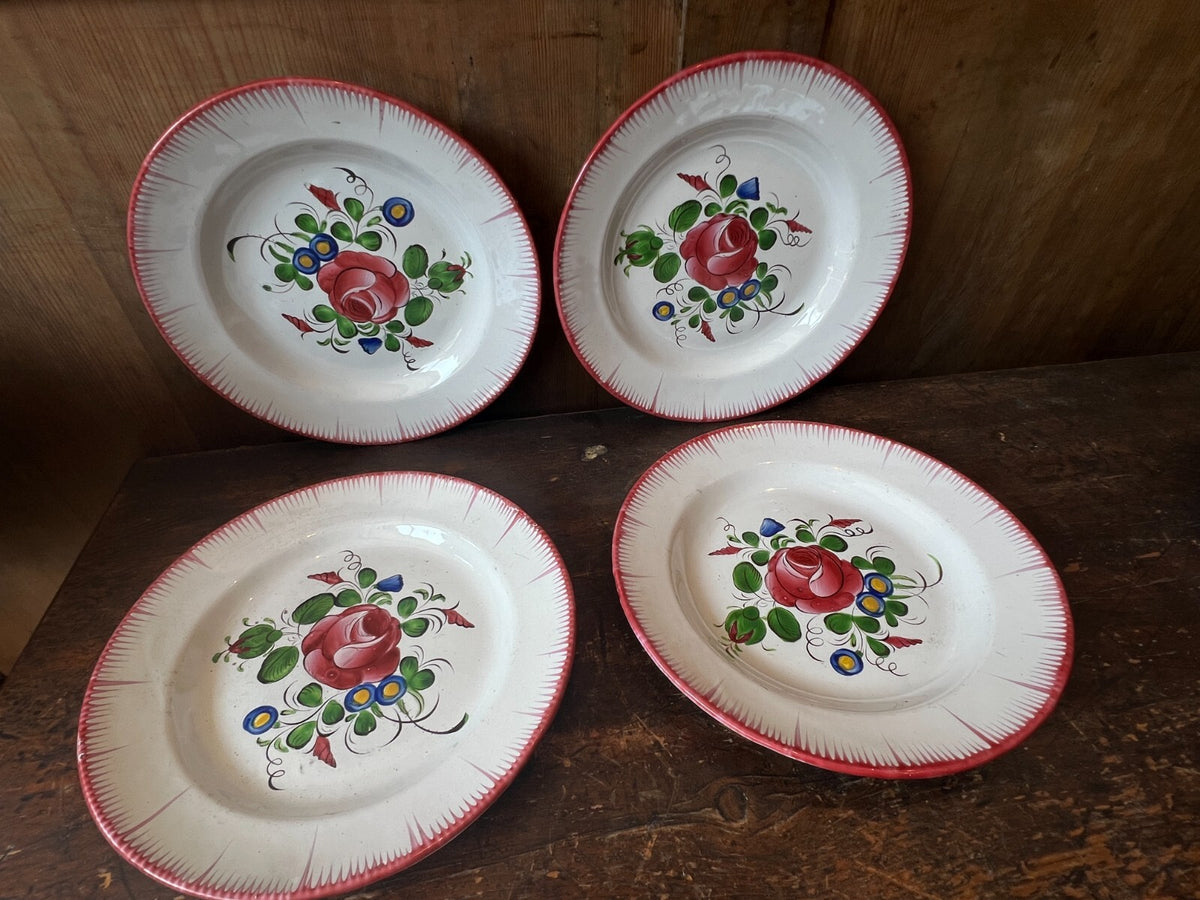 Antique Faience Plates Pink Roses, Decorative Kitchen Decor / French Table / 4pc