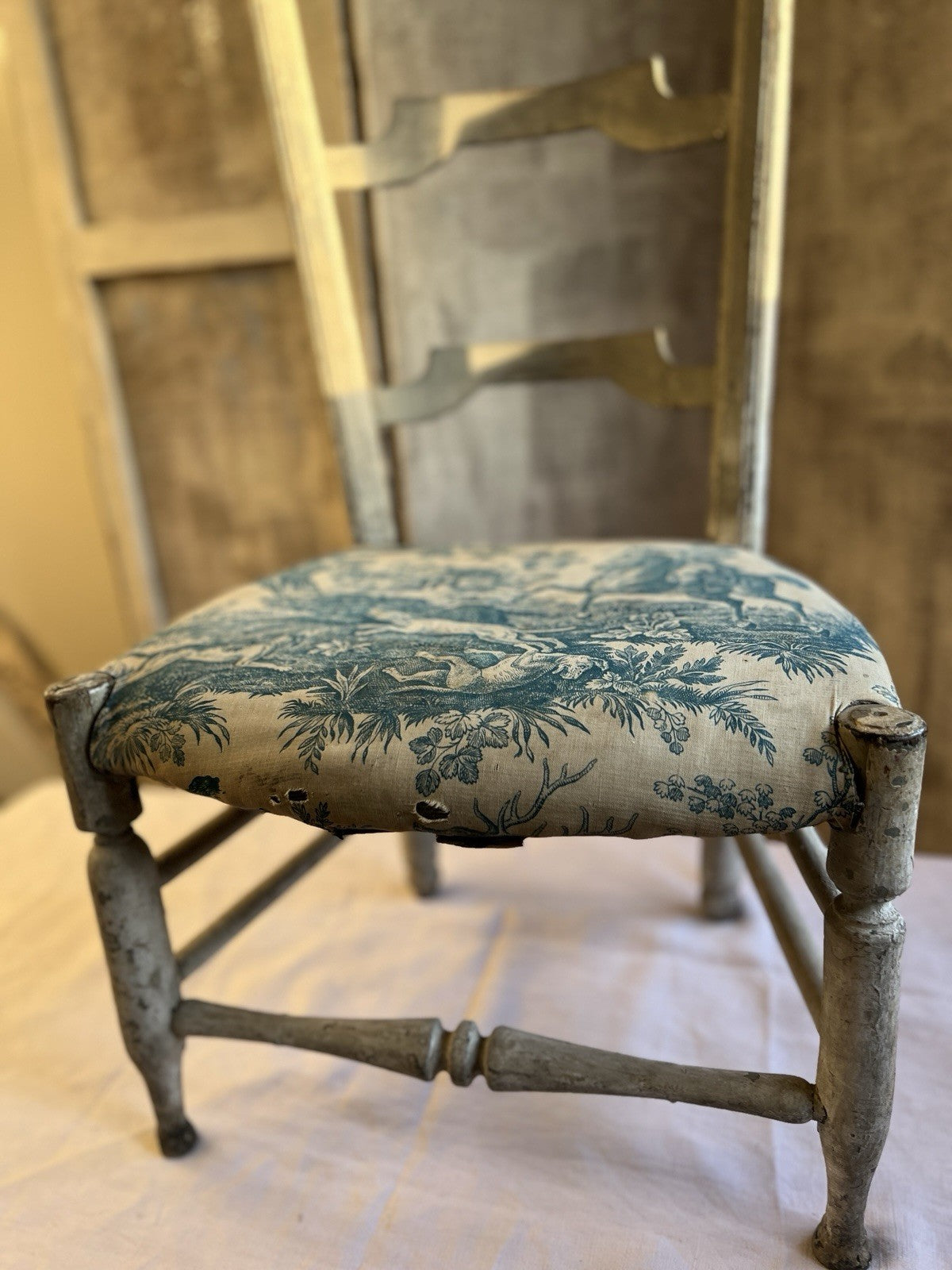 Antique Fabric Chair , Vintage Toile de Jouy Prayer Chair, French Home Decor
